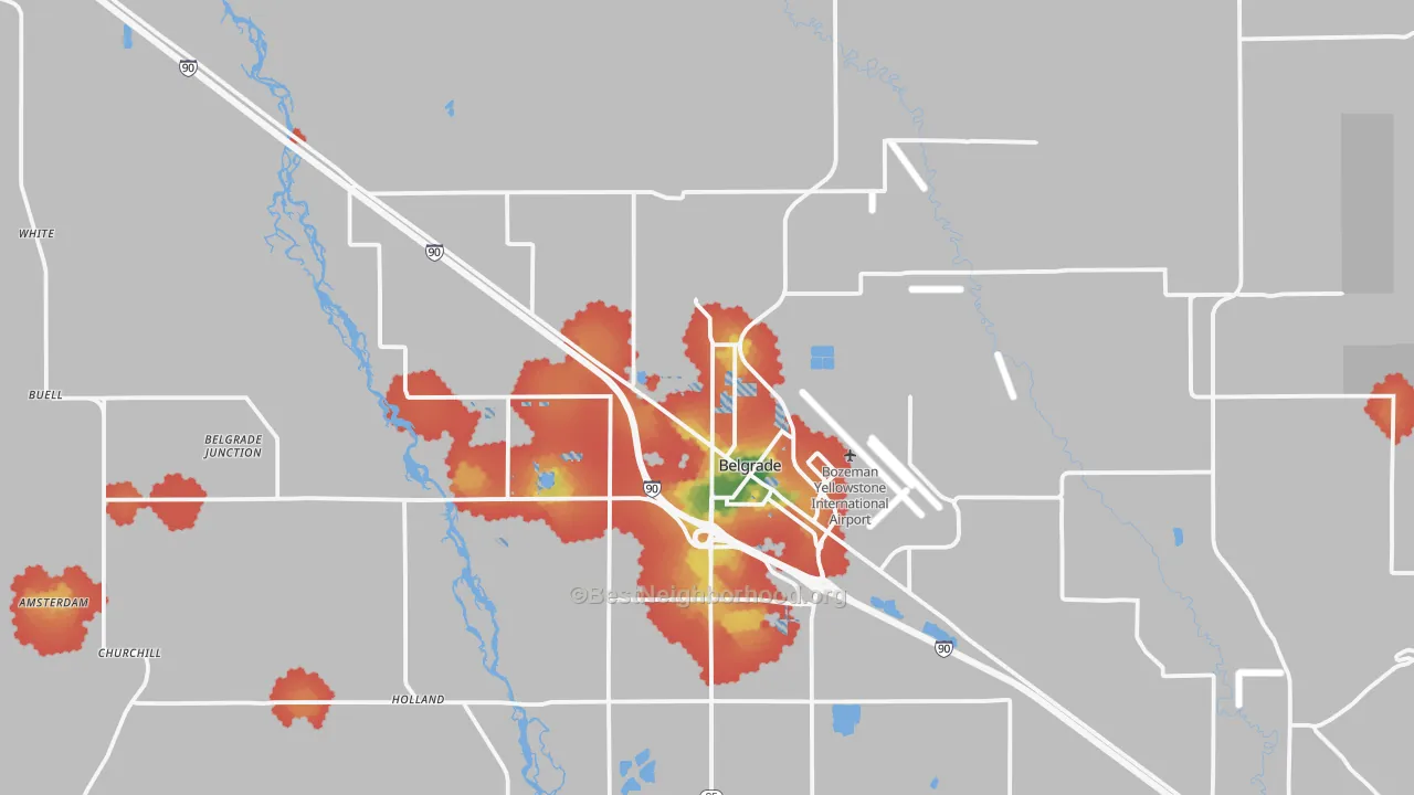 Walk Grade map of Belgrade, MT, walkable areas in green and car-dependent areas in red