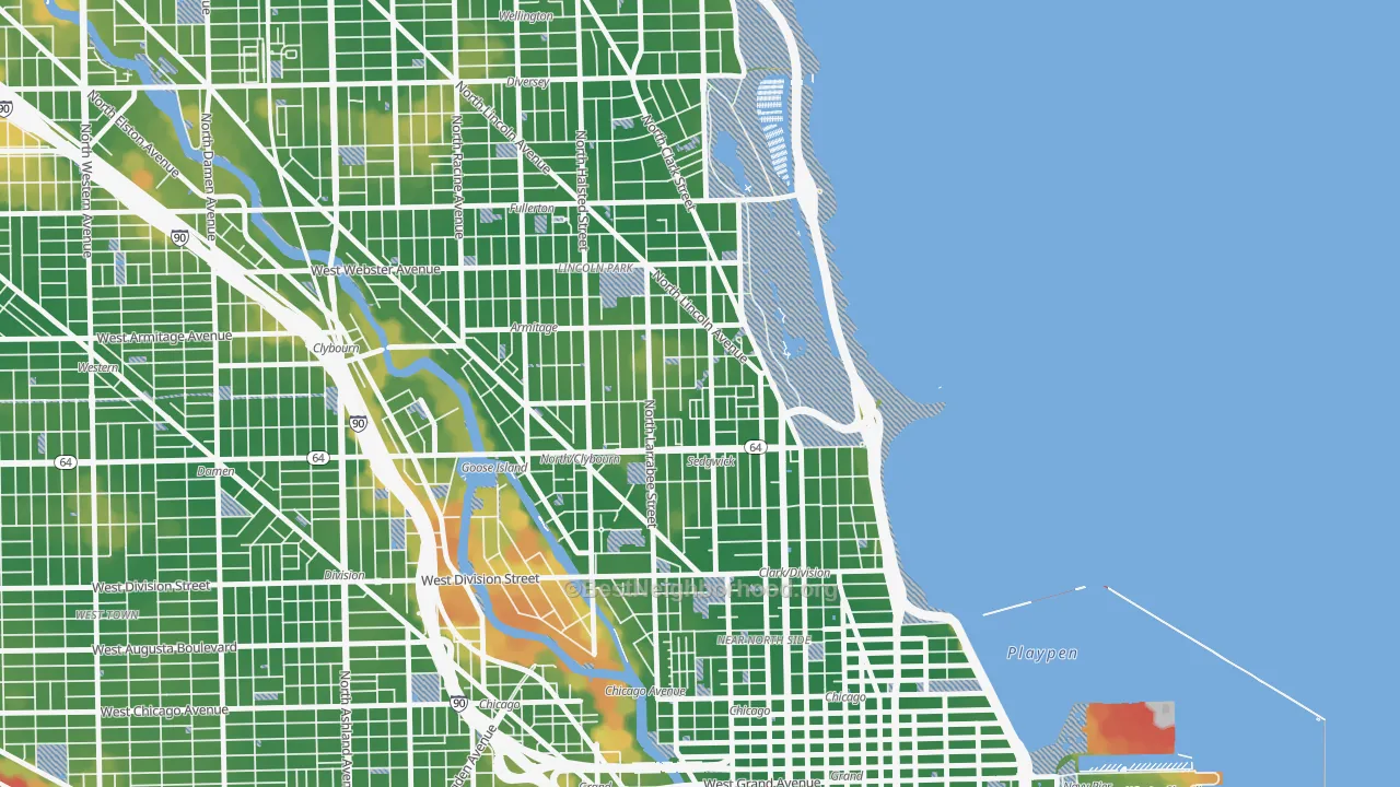 Walk Grade map of Belgravia Terrace, Chicago, IL, walkable areas in green and car-dependent areas in red