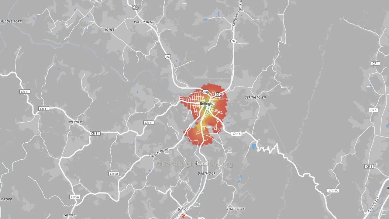 Walk Grade map of Belington, WV, walkable areas in green and car-dependent areas in red