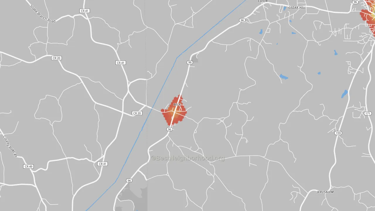 Walk Grade map of Belk, AL, walkable areas in green and car-dependent areas in red