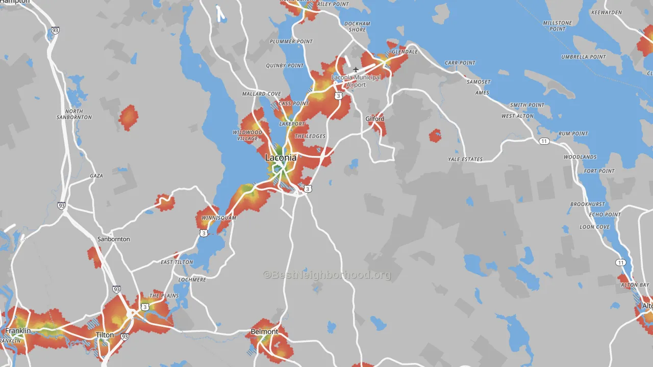 Walk Grade map of Belknap County, NH, walkable areas in green and car-dependent areas in red