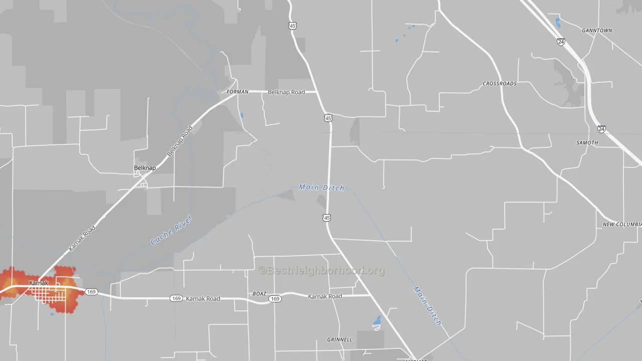 Walk Grade map of Belknap, IL, walkable areas in green and car-dependent areas in red