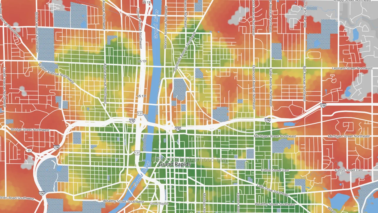 Walk Grade map of Belknap Lookout, Grand Rapids, MI, walkable areas in green and car-dependent areas in red