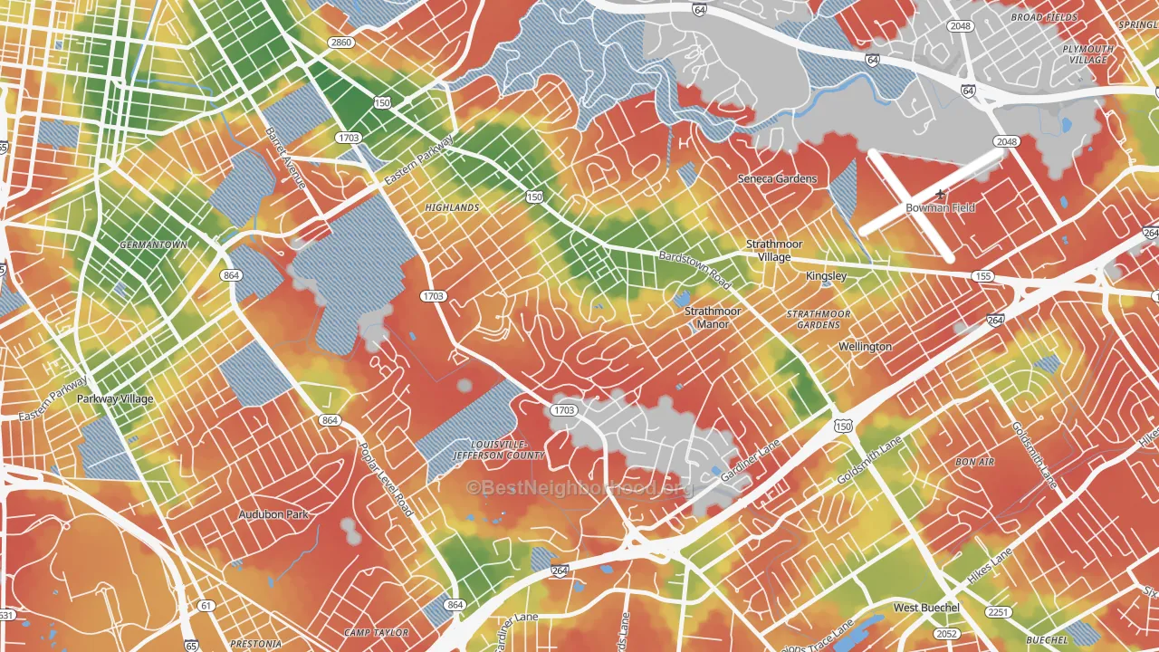 Walk Grade map of Belknap, Louisville, KY, walkable areas in green and car-dependent areas in red