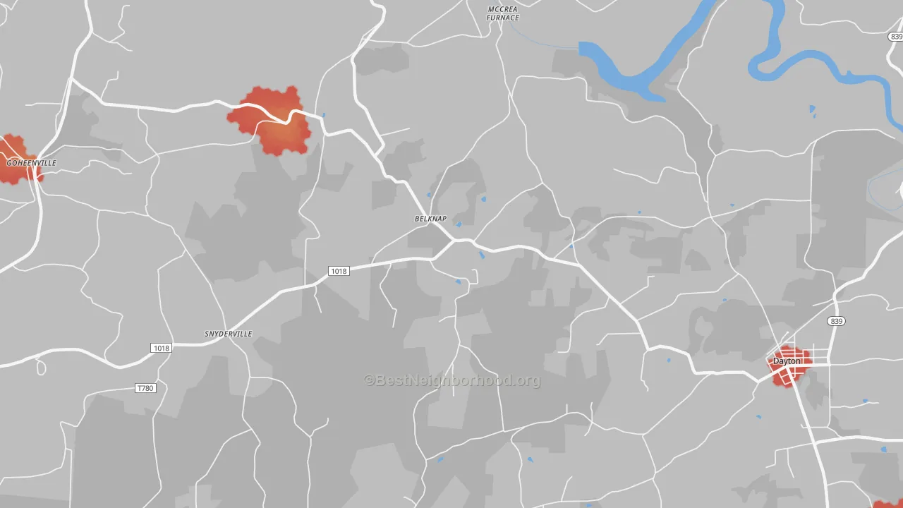 Walk Grade map of Belknap, PA, walkable areas in green and car-dependent areas in red