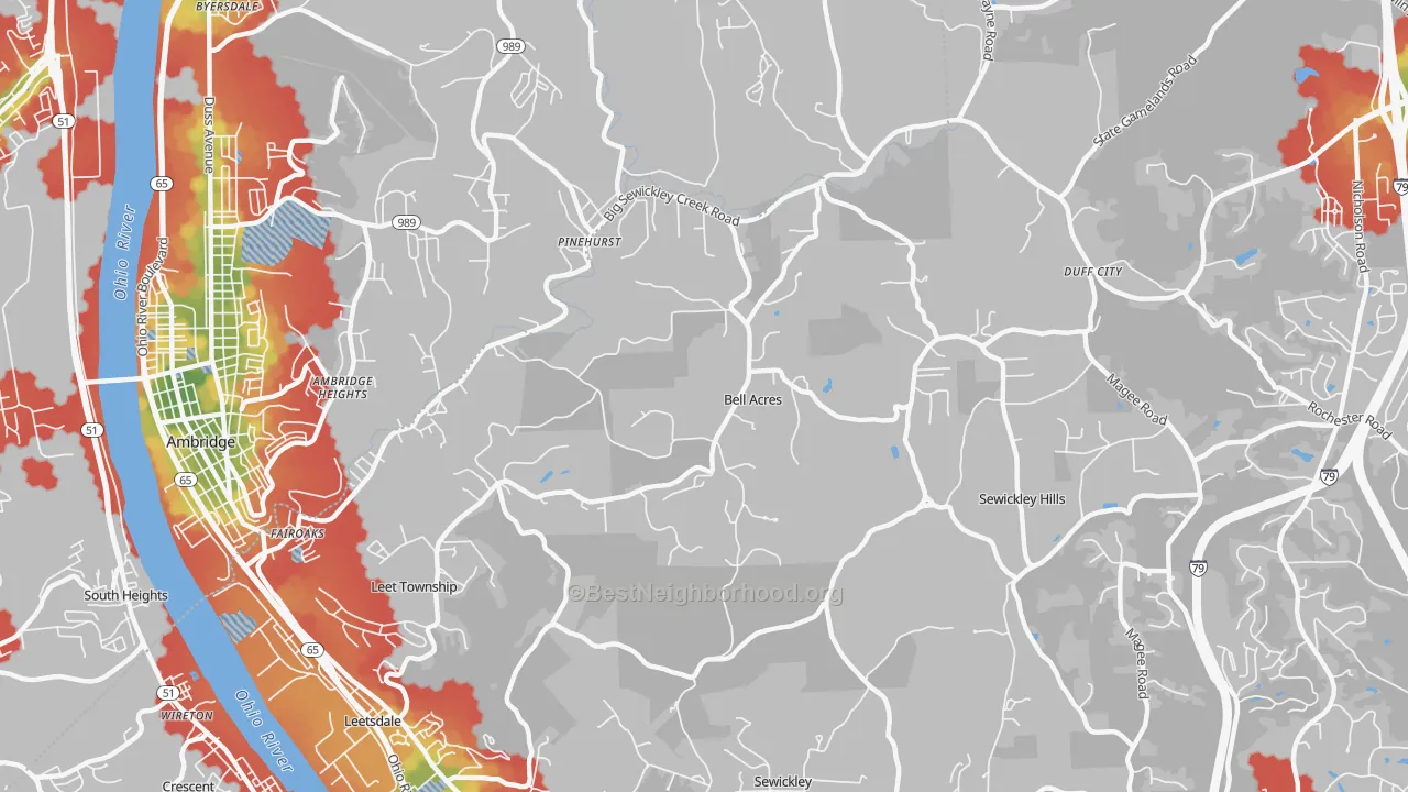 Walk Grade map of Bell Acres, PA, walkable areas in green and car-dependent areas in red
