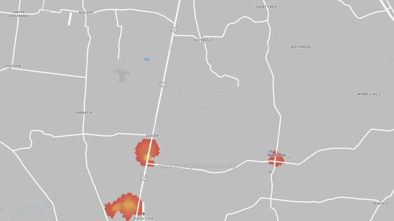 Walk Grade map of Bell Buckle, TN, walkable areas in green and car-dependent areas in red