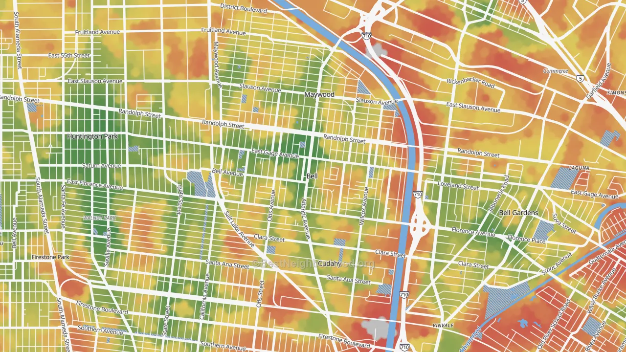 Walk Grade map of Bell, CA, walkable areas in green and car-dependent areas in red