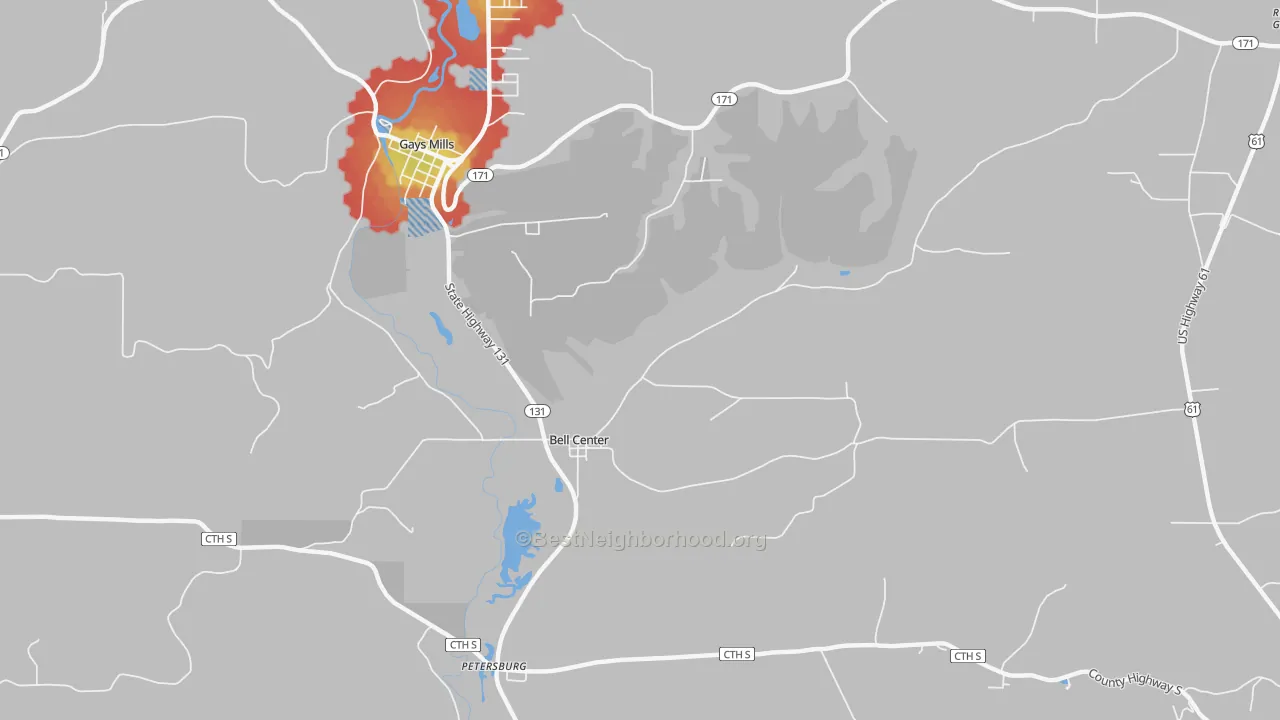 Walk Grade map of Bell Center, WI, walkable areas in green and car-dependent areas in red