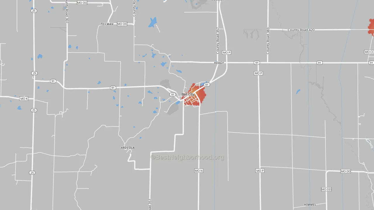 Walk Grade map of Bell City, MO, walkable areas in green and car-dependent areas in red