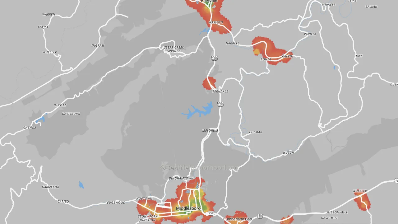 Walk Grade map of Bell County, KY, walkable areas in green and car-dependent areas in red