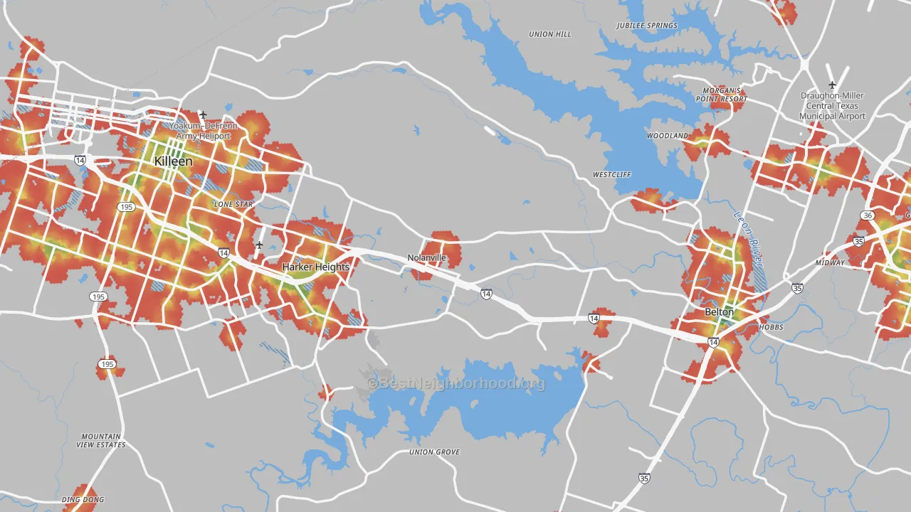 Walk Grade map of Bell County, TX, walkable areas in green and car-dependent areas in red