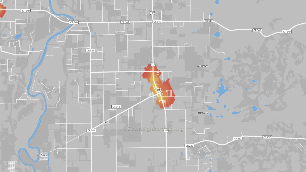 Walk Grade map of Bell, FL, walkable areas in green and car-dependent areas in red
