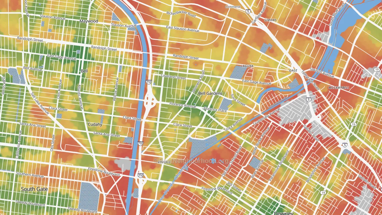 Walk Grade map of Bell Gardens, CA, walkable areas in green and car-dependent areas in red