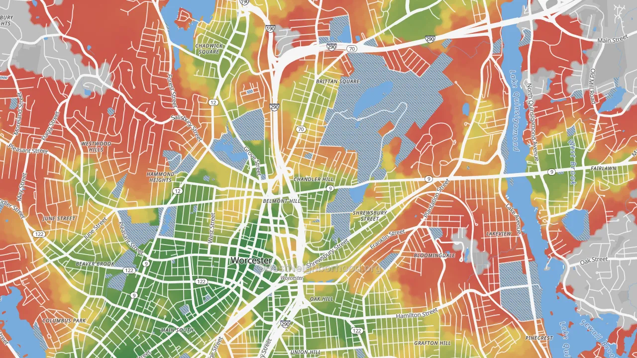 Walk Grade map of Bell Hill, Worcester, MA, walkable areas in green and car-dependent areas in red