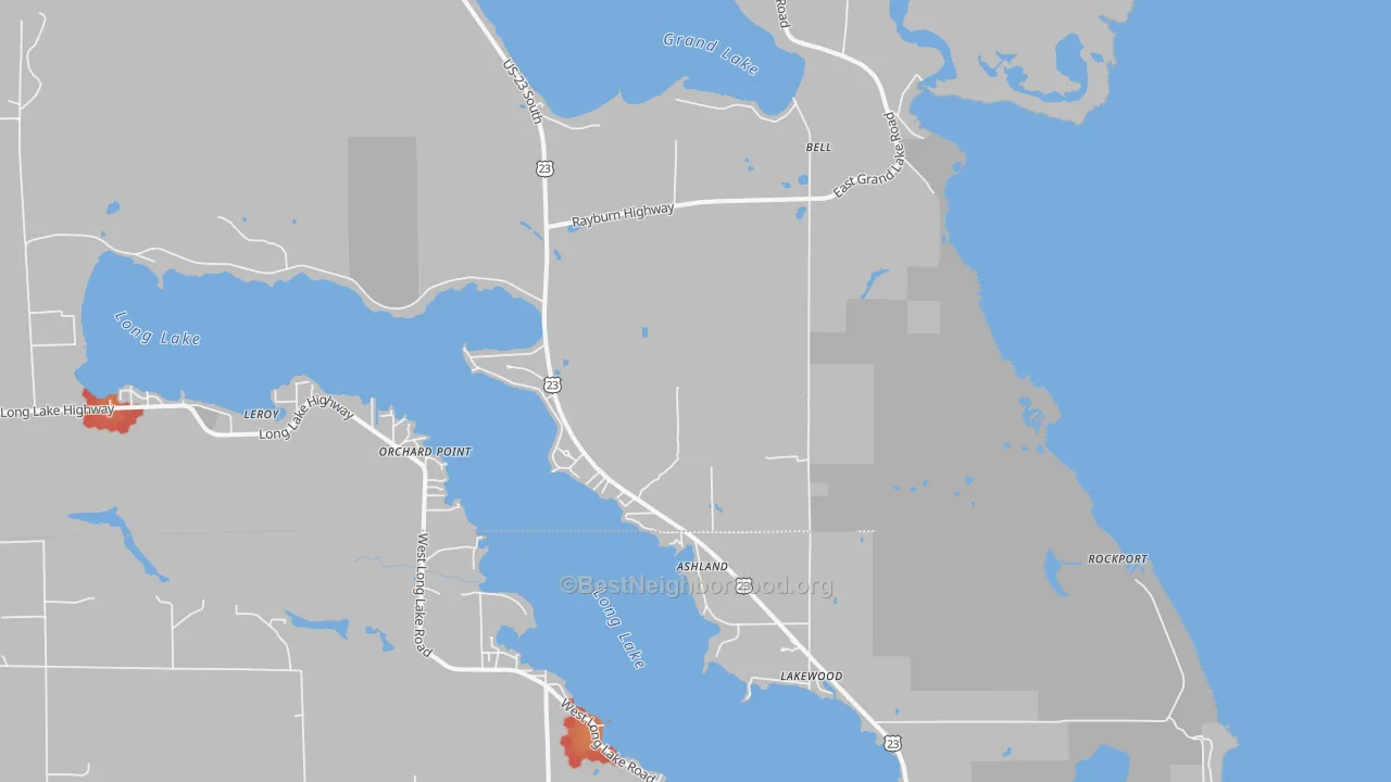 Walk Grade map of Bell, MI, walkable areas in green and car-dependent areas in red