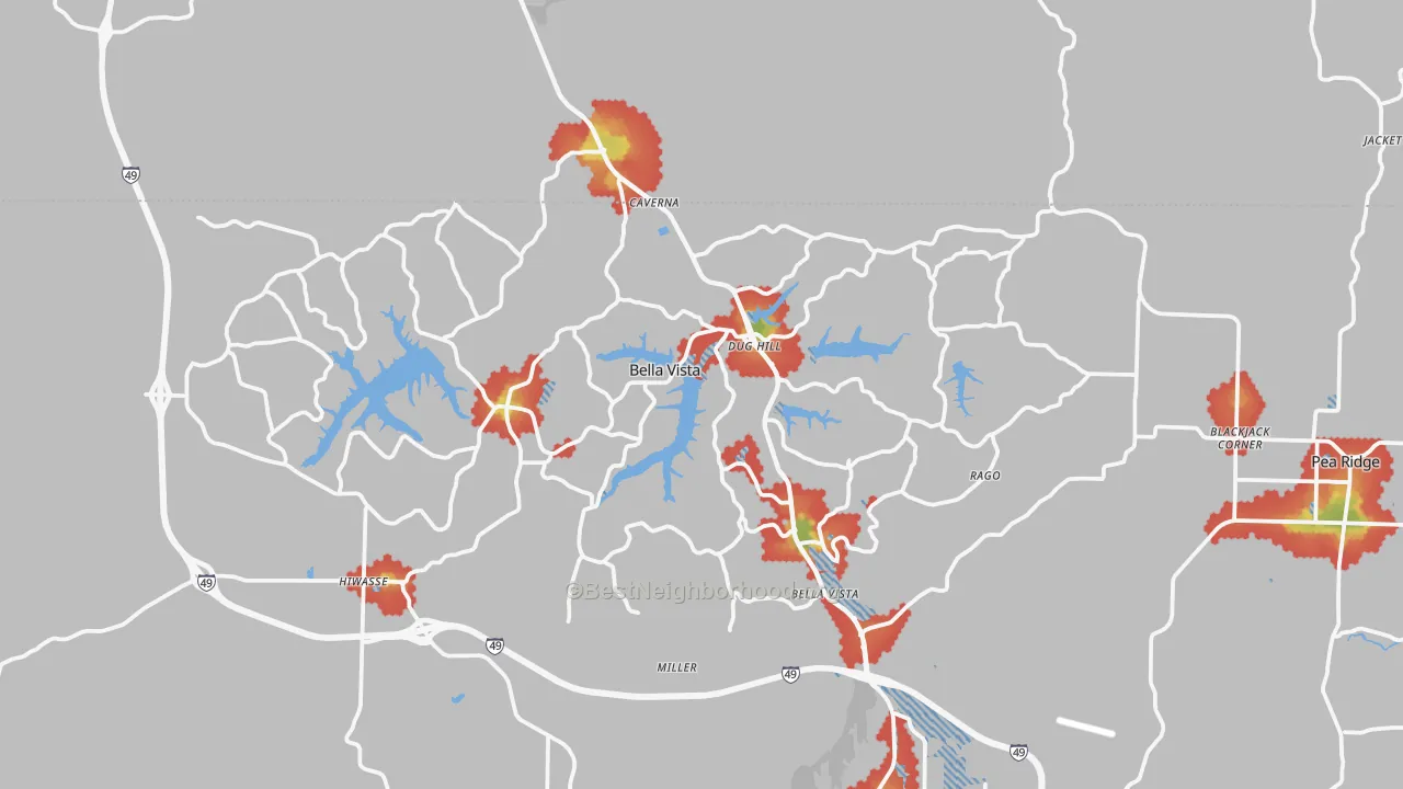 Walk Grade map of Bella Vista, AR, walkable areas in green and car-dependent areas in red