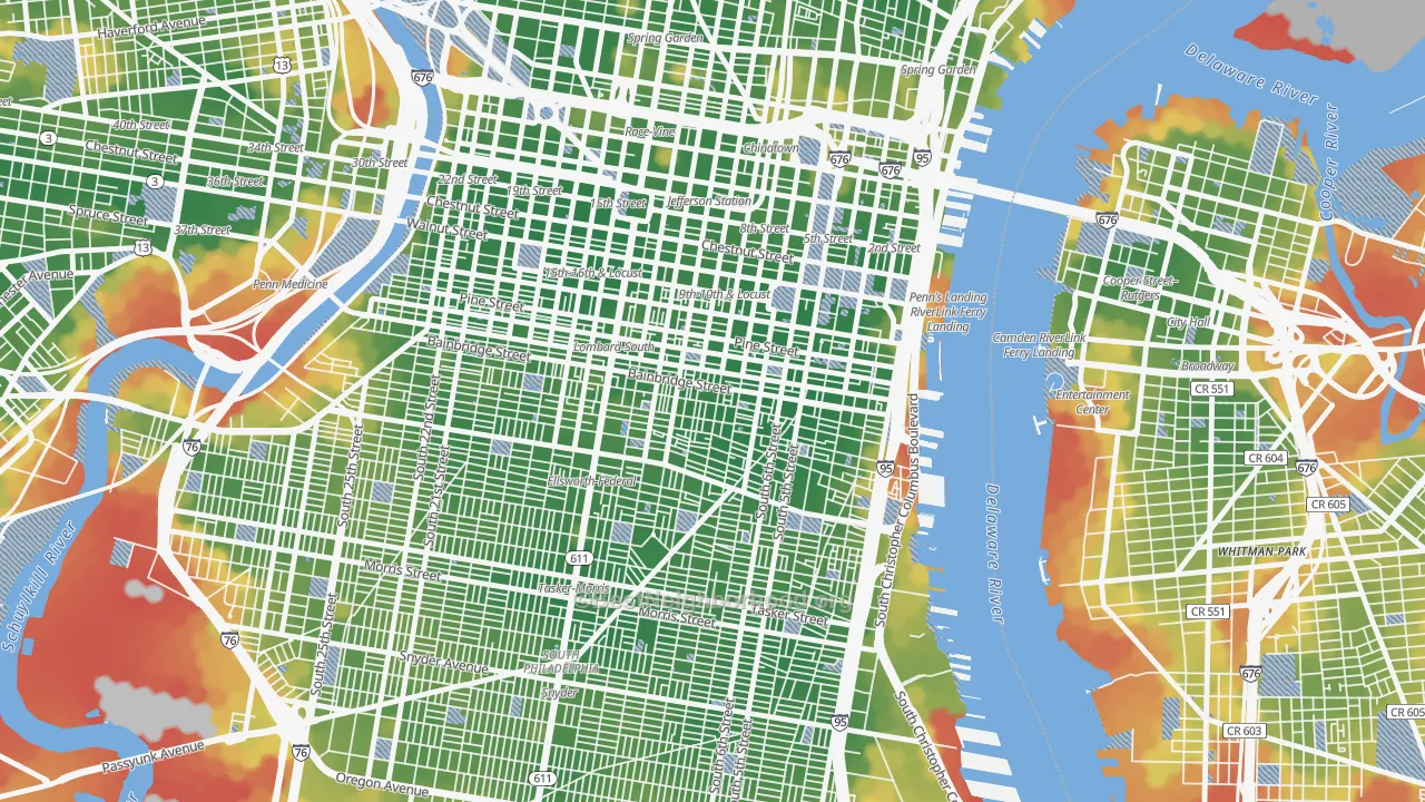 Walk Grade map of Bella Vista, Philadelphia, PA, walkable areas in green and car-dependent areas in red