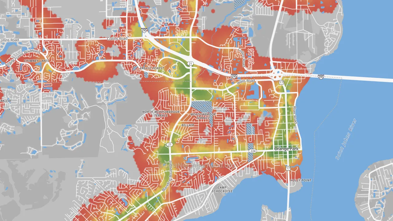 Walk Grade map of Bellair-Meadowbrook Terrace, FL, walkable areas in green and car-dependent areas in red