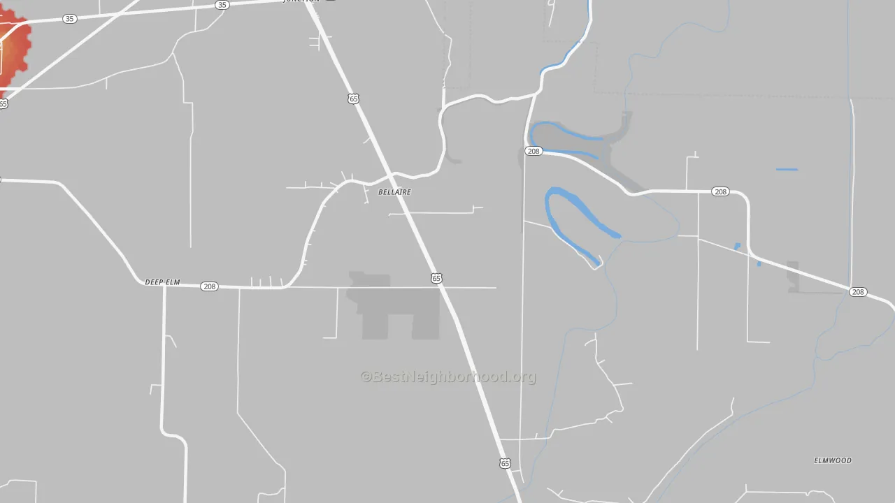 Walk Grade map of Bellaire, AR, walkable areas in green and car-dependent areas in red