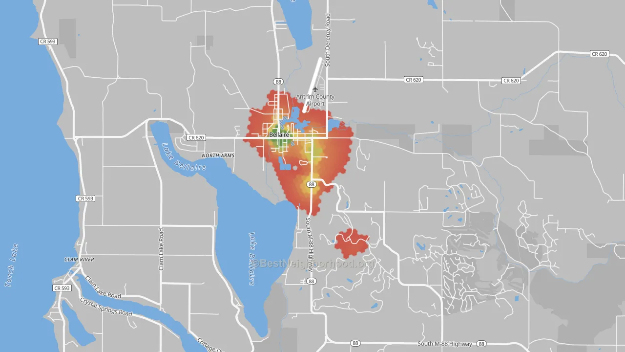 Walk Grade map of Bellaire, MI, walkable areas in green and car-dependent areas in red
