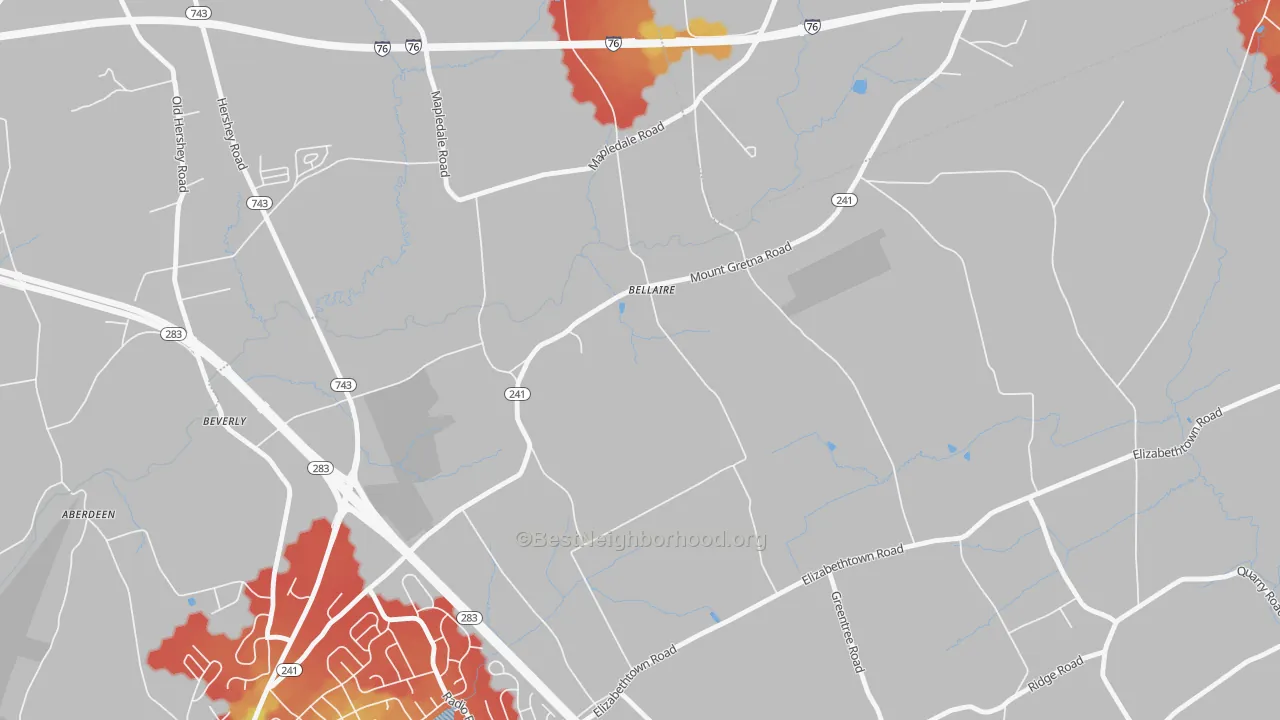 Walk Grade map of Bellaire, PA, walkable areas in green and car-dependent areas in red