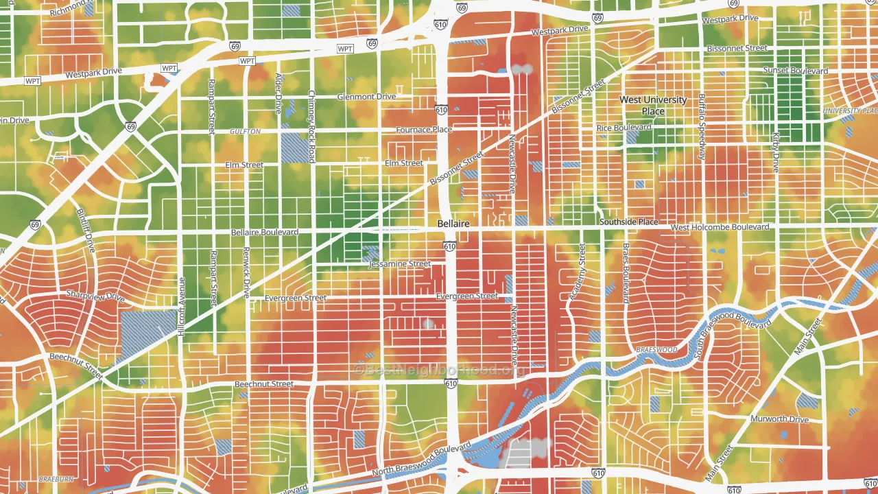 Walk Grade map of Bellaire, TX, walkable areas in green and car-dependent areas in red