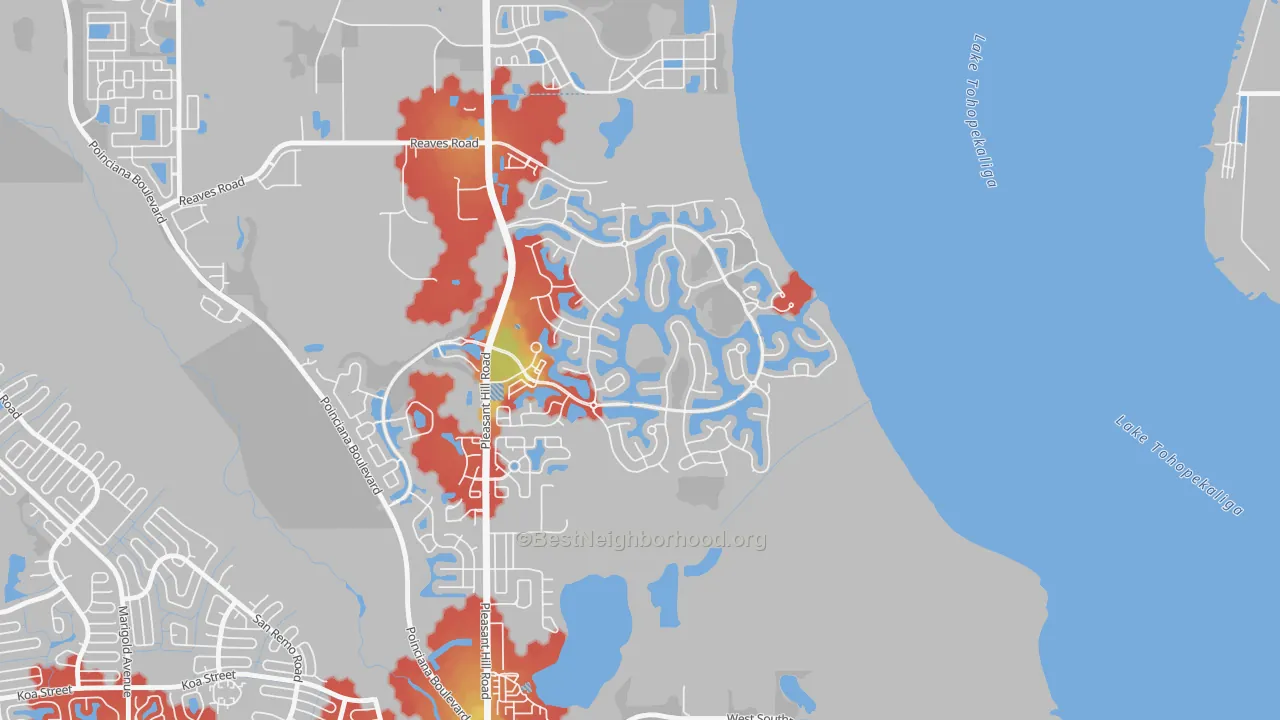 Walk Grade map of Bellalago, Kissimmee, FL, walkable areas in green and car-dependent areas in red