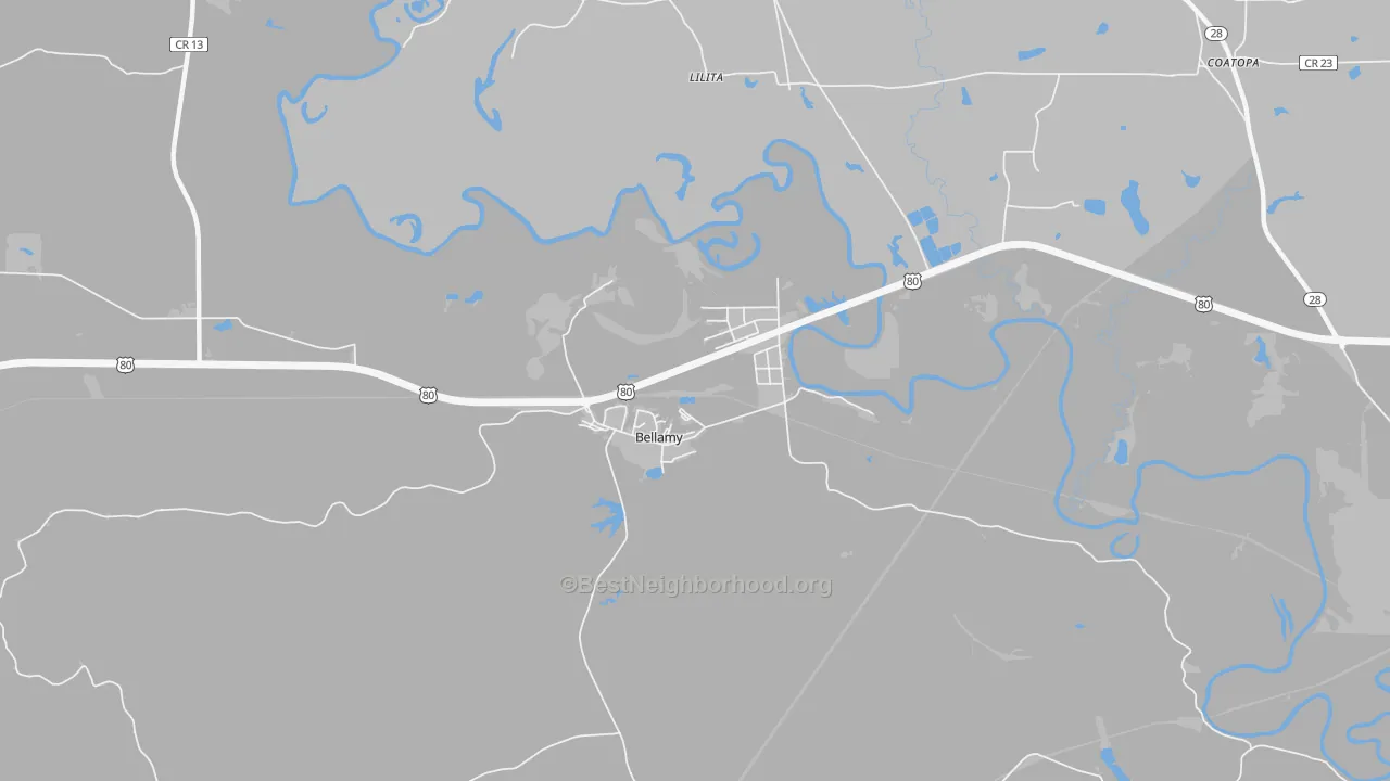 Walk Grade map of Bellamy, AL, walkable areas in green and car-dependent areas in red