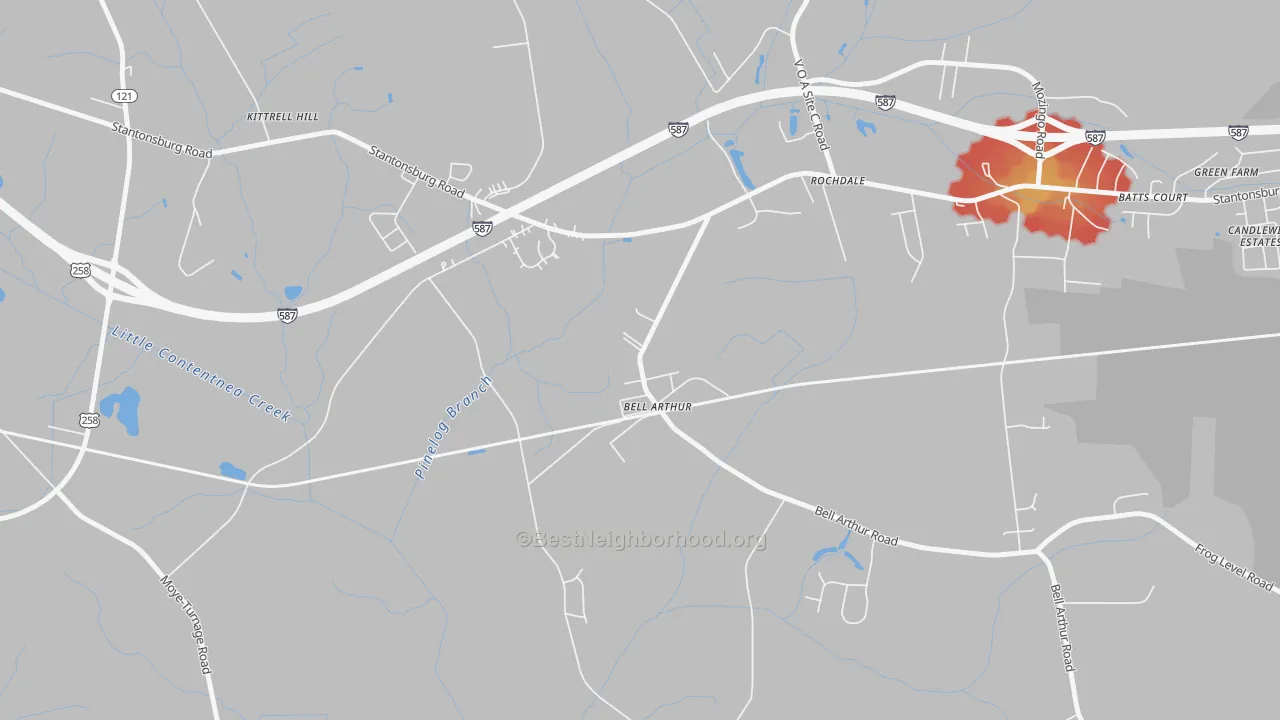 Walk Grade map of Bellarthur, NC, walkable areas in green and car-dependent areas in red