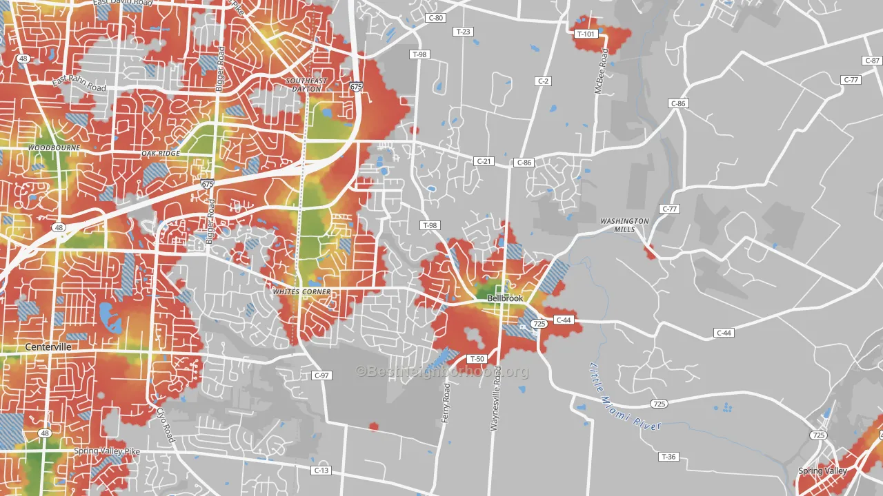 Walk Grade map of Bellbrook, OH, walkable areas in green and car-dependent areas in red