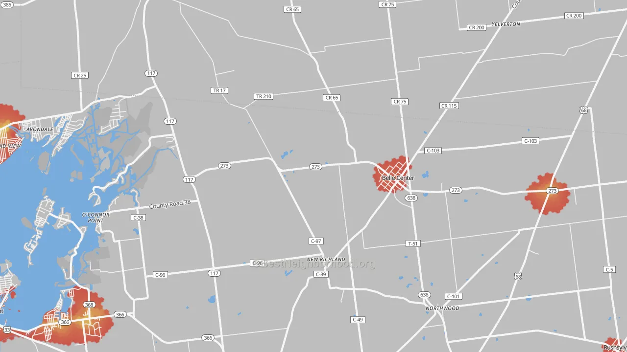 Walk Grade map of Belle Center, OH, walkable areas in green and car-dependent areas in red