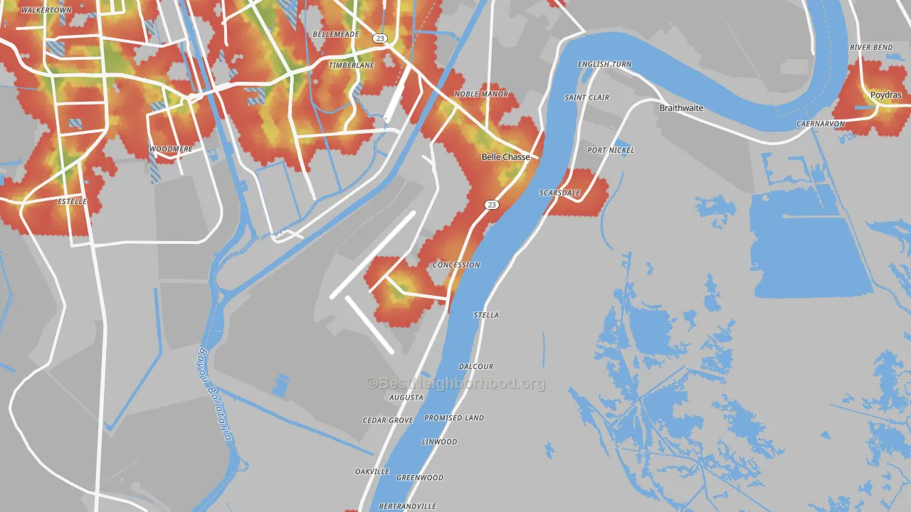 Walk Grade map of Belle Chasse, LA, walkable areas in green and car-dependent areas in red