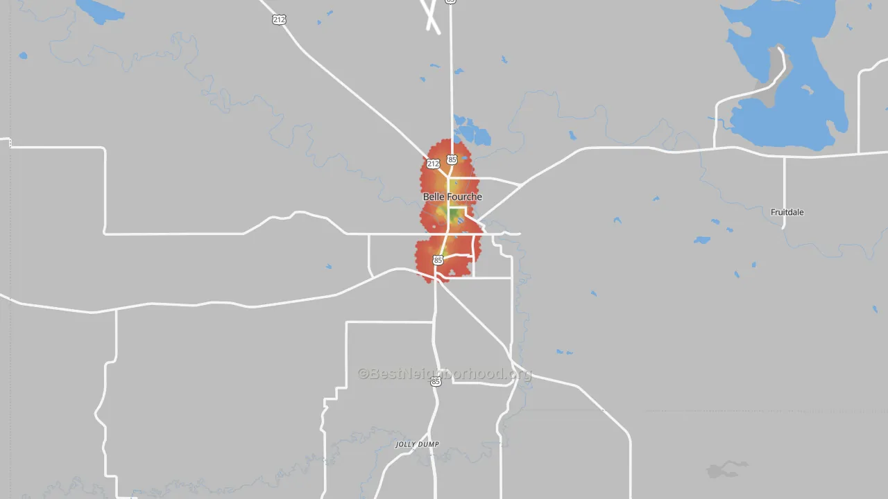 Walk Grade map of Belle Fourche, SD, walkable areas in green and car-dependent areas in red