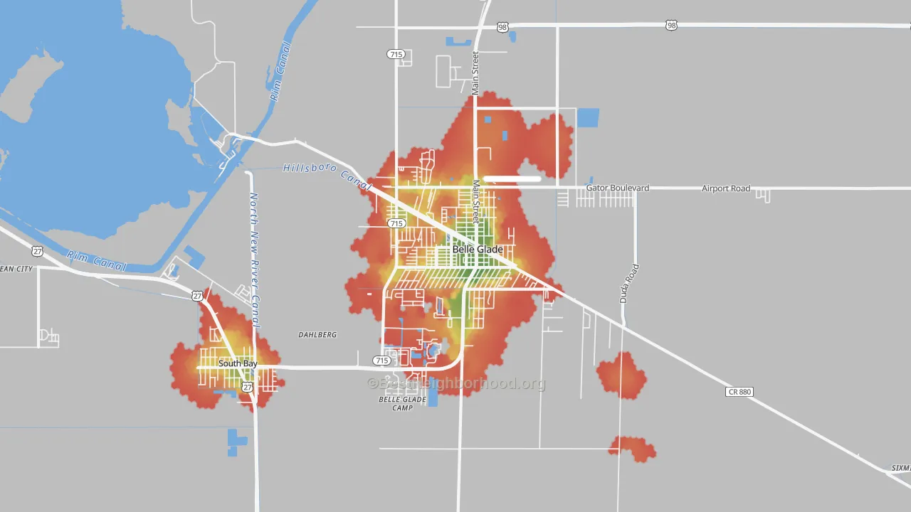 Walk Grade map of Belle Glade, FL, walkable areas in green and car-dependent areas in red
