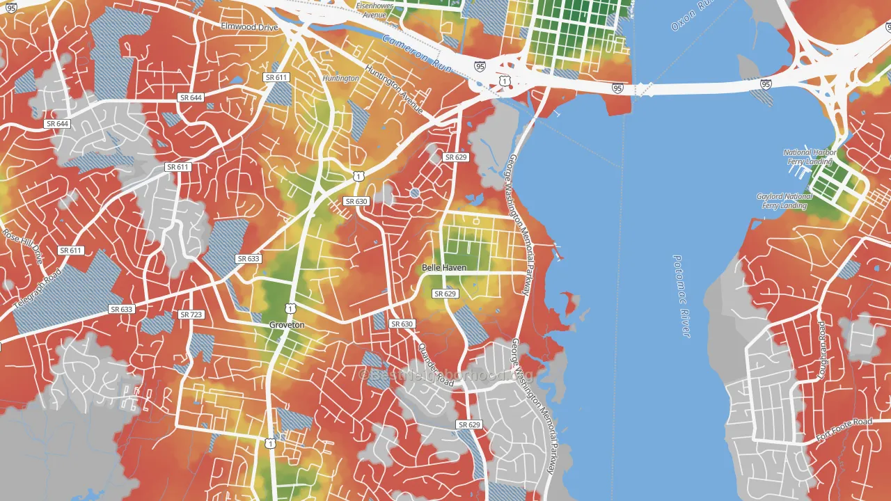 Walk Grade map of Belle Haven, Belle View, VA, walkable areas in green and car-dependent areas in red