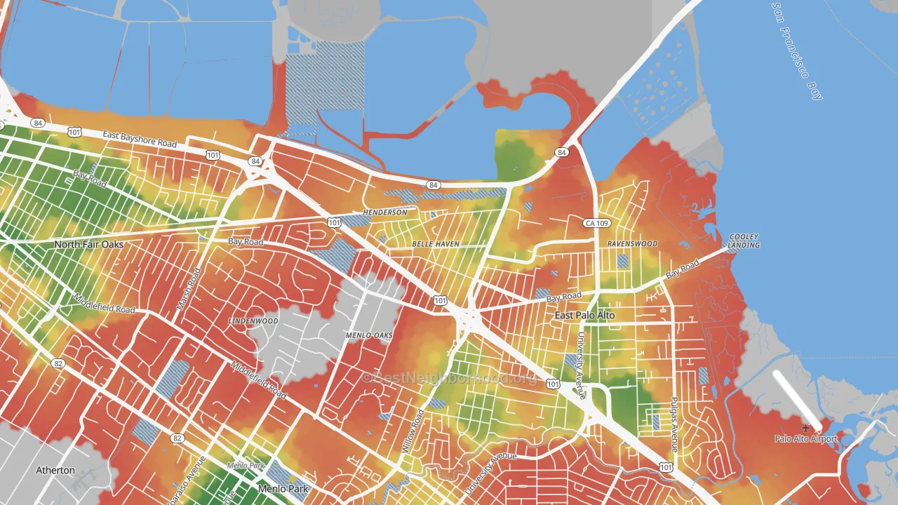 Walk Grade map of Belle Haven, Menlo Park, CA, walkable areas in green and car-dependent areas in red
