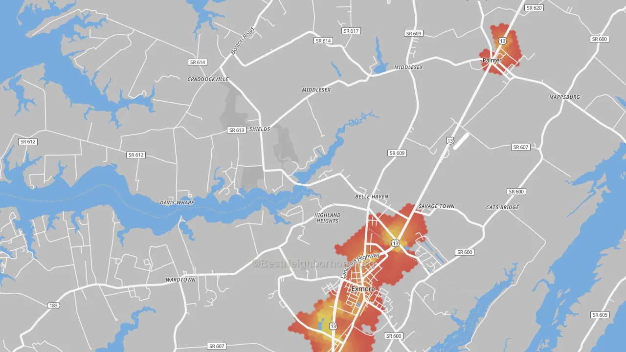 Walk Grade map of Belle Haven, VA, walkable areas in green and car-dependent areas in red