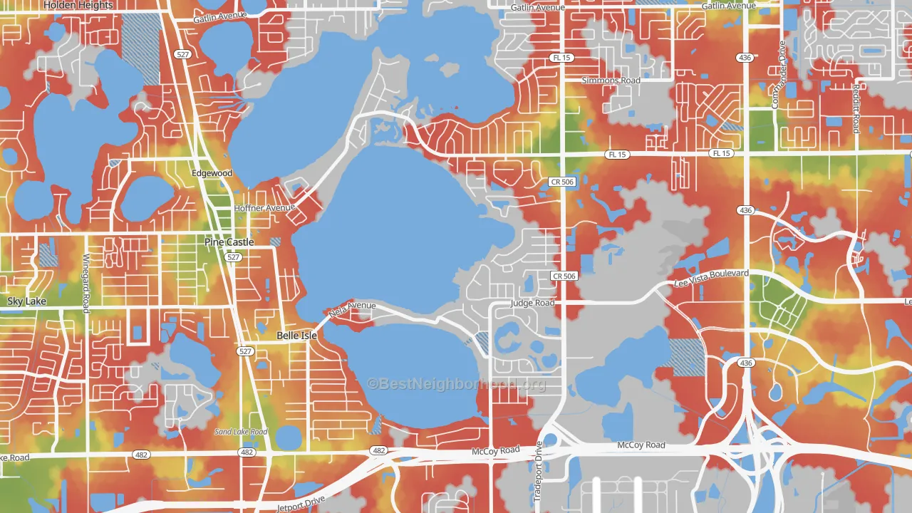 Walk Grade map of Belle Isle, FL, walkable areas in green and car-dependent areas in red