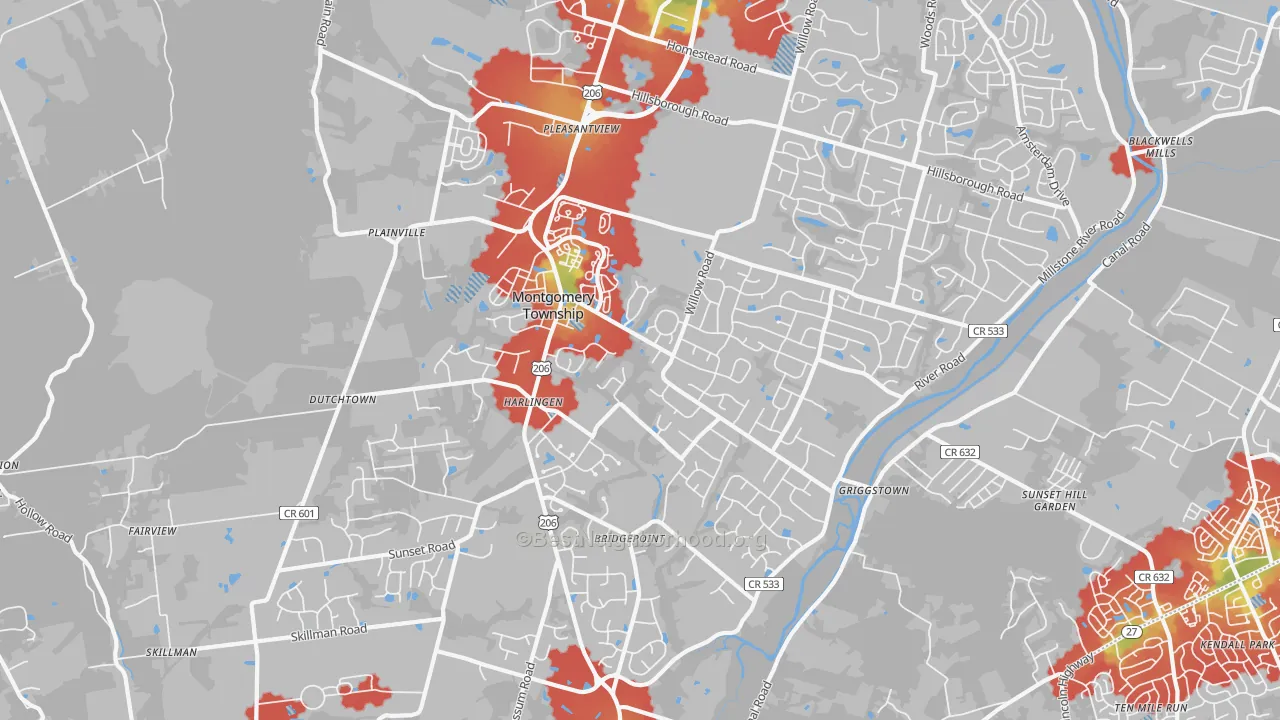 Walk Grade map of Belle Mead, NJ, walkable areas in green and car-dependent areas in red