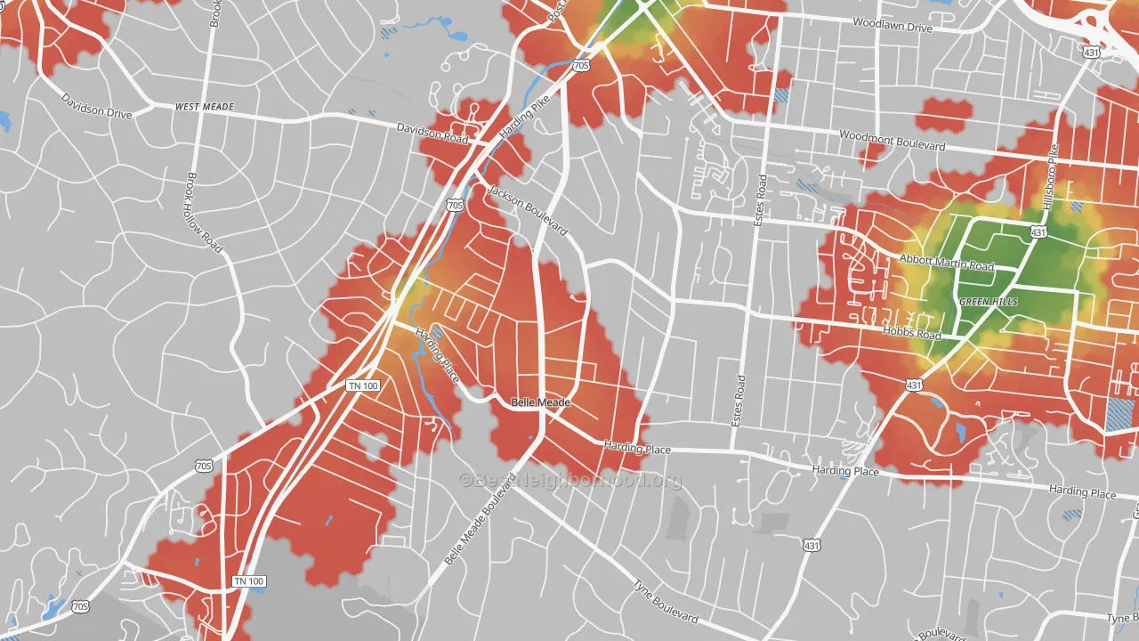 Walk Grade map of Belle Meade, TN, walkable areas in green and car-dependent areas in red