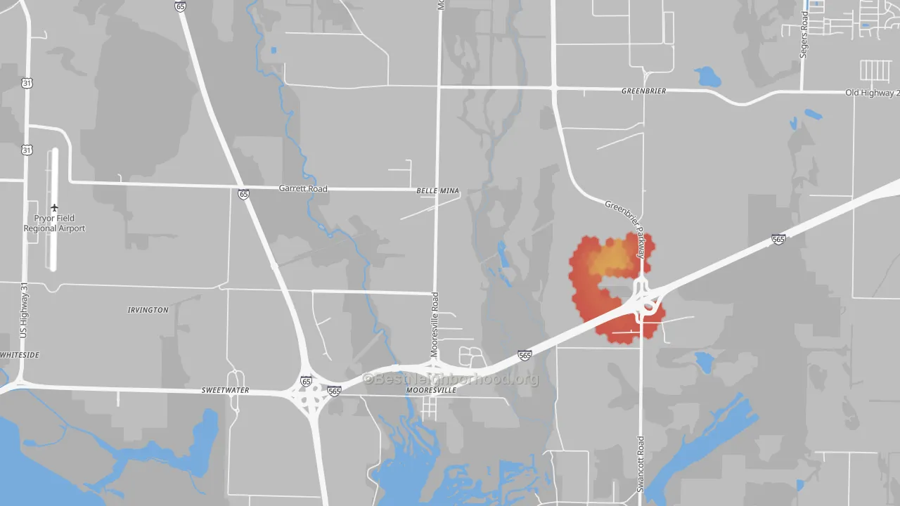 Walk Grade map of Belle Mina, AL, walkable areas in green and car-dependent areas in red