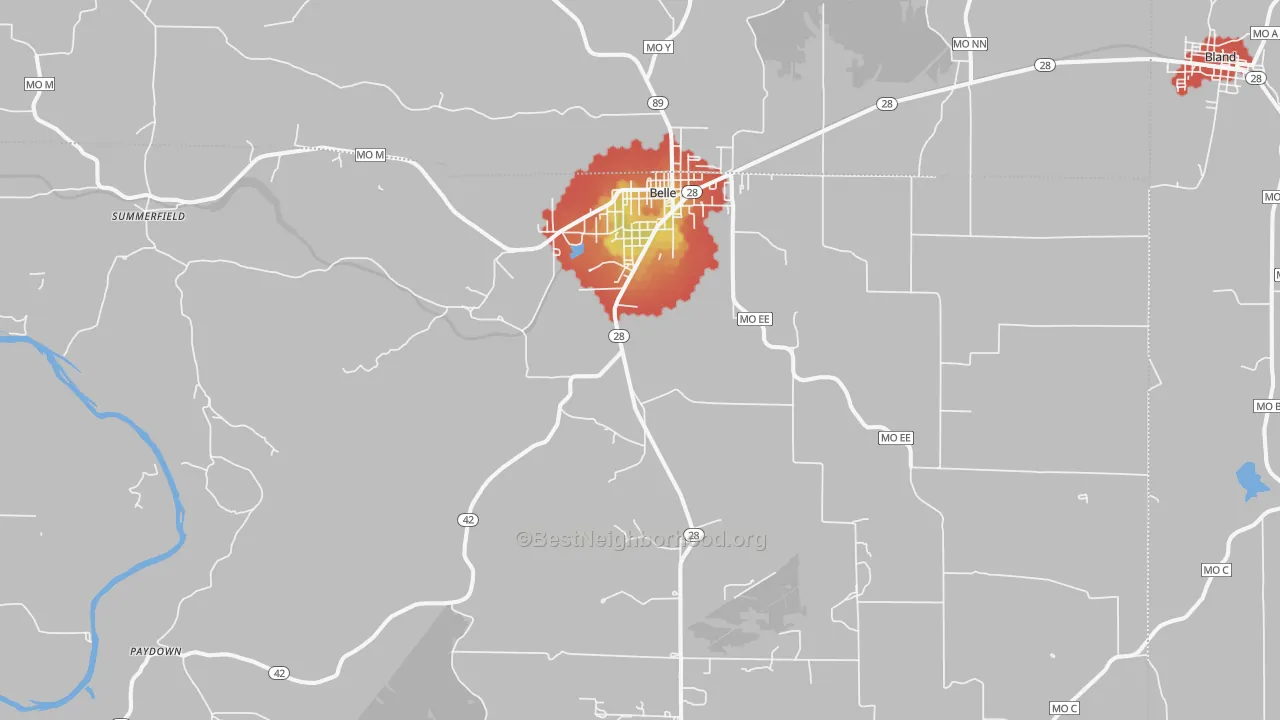 Walk Grade map of Belle, MO, walkable areas in green and car-dependent areas in red