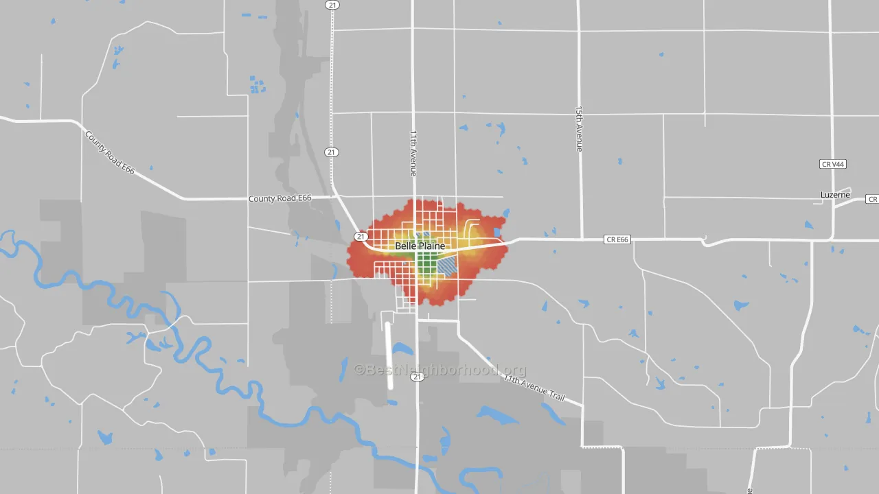 Walk Grade map of Belle Plaine, IA, walkable areas in green and car-dependent areas in red