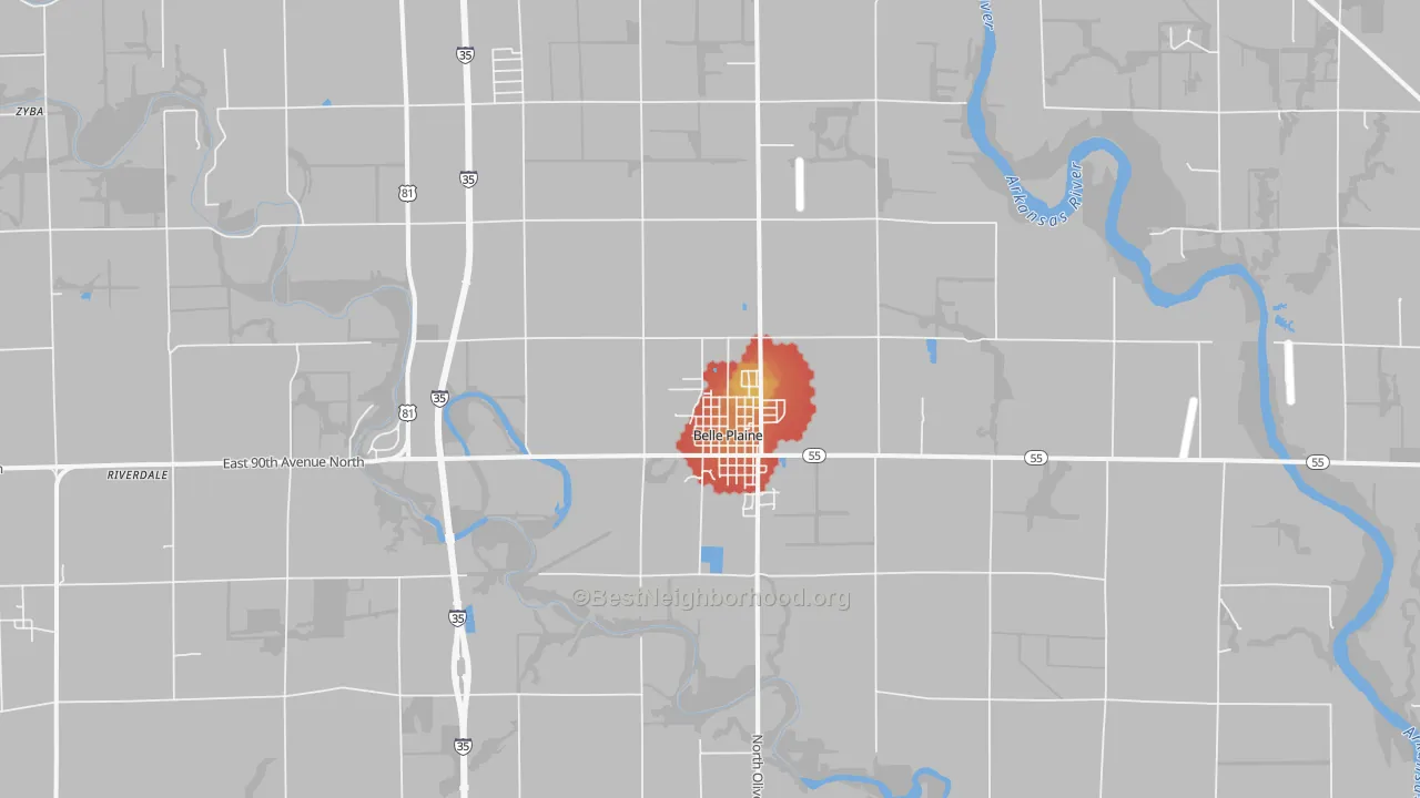 Walk Grade map of Belle Plaine, KS, walkable areas in green and car-dependent areas in red
