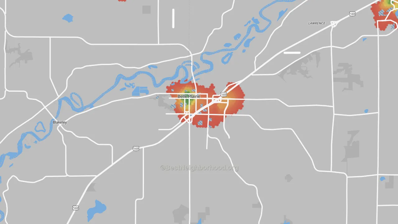 Walk Grade map of Belle Plaine, MN, walkable areas in green and car-dependent areas in red
