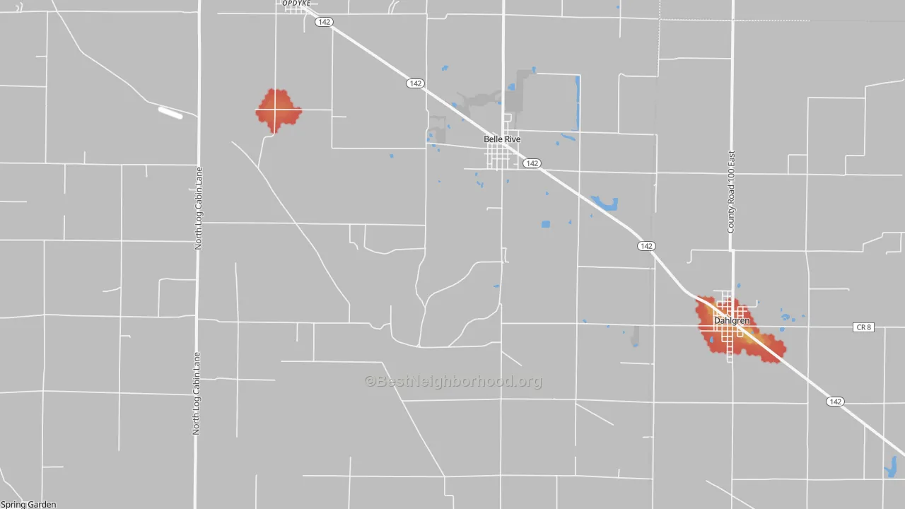 Walk Grade map of Belle Rive, IL, walkable areas in green and car-dependent areas in red