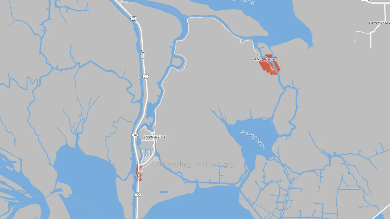 Walk Grade map of Belle River, LA, walkable areas in green and car-dependent areas in red