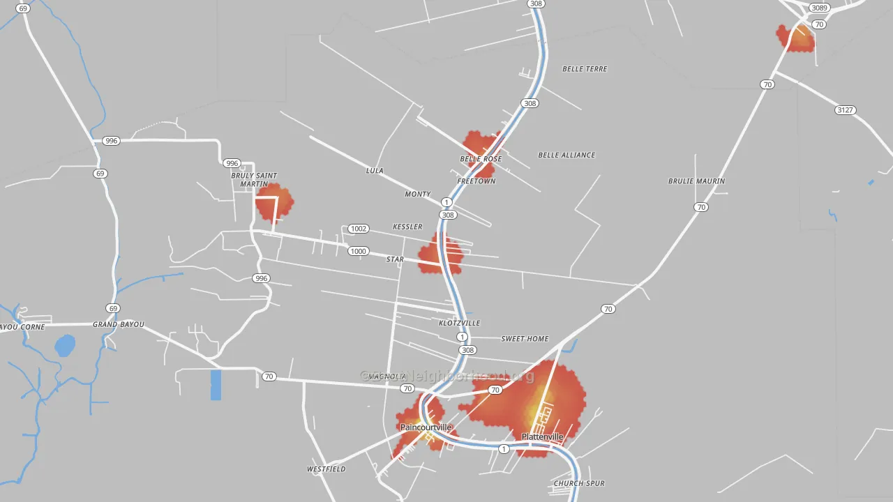 Walk Grade map of Belle Rose, LA, walkable areas in green and car-dependent areas in red