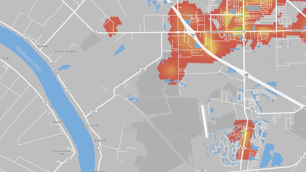 Walk Grade map of Belle Terre, LA, walkable areas in green and car-dependent areas in red